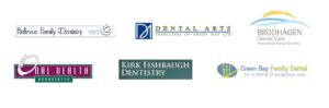 Grid of logos in 2 rows of 3 logos each. In order from top left to bottom right, Bellevue Family Dentistry, Dental Arts Associates of Green Bay LTD, Brodhagen Dental Care Personalized Family Dentistry, Oral Health Associates, Kirk Fishbaugh Dentistry, Green Bay Family Dental.